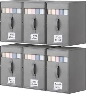 6 Pack Large Bed Sheet Organizers and Storage, (King & Queen Size) Sheet Organizer for Linen Closet, Foldable Bedding Storage Box with Window for Bedsheets, Blanket, Duvet Cover Grey