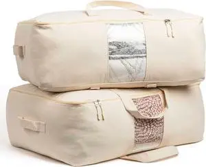 Soft Canvas Storage Bags with Zipper. Thick Breathable, 2pc King/Queen Comforter Organizer. Four Carrying Handles and Window. Large 25x19x9in Bag for Sheets Blankets Bedding Pillows, Clothes