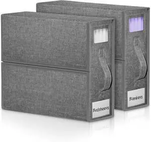 Calyx Interiors Bed Sheet Organizers and Storage | Set of 2 | Reinforced Handle & Zipper | Clear Window & Labeling Slot | Protect Linens from Dust, Moisture & Pet Hair (Queen/King Size, Soft Gray)