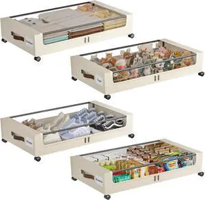 Under Bed Storage with Wheels, 4 Pack Under Bed Storage Containers with Clear Lids, XXL 60L Under-Bed Organizers for Clothes, Shoes  Durable Storage Bins with Smooth Rolling Wheels (White, 4 Pack)