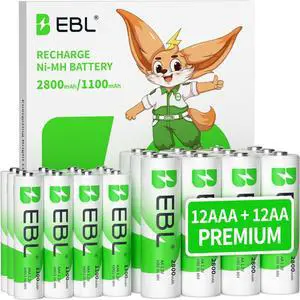 EBL 24 Sets AA AAA Batteries Combo with 12-Pack AA 2800mAh & 12-Pack AAA 1100mAh 1.2V Rechargeable Batteries
