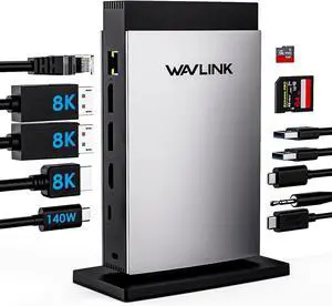 WAVLINK Laptop Docking Station 3 Monitors(Max Resolution: Single 8K or Triple 4K), 11-in-1 USB C Docking Station with 125W PD3.1 Pass-Through, HDMI + 2*DP, for MacBook M1/M2/M3/M4 & Windows, SD/TF
