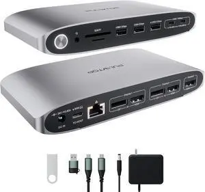 DisplayLink Docking Station Triple Monitor with 140W Power Adapter, PULWTOP 4K@60Hz Laptop Docking USB C Dock for MacBook M1/M2/M3, Windows, 3xHDMI, 2xDisplayPort,5xUSB C/USB A Data/Charging