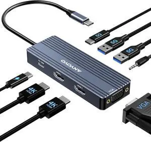 ANYOYO USB C Docking Station Dual HDMI Monitor Adapter 8-in-1 USB C HUB 3 Monitors Adapter with 4K HDMI +VGA +PD100W+Audio Laptop Docking Station for Dell/Lenovo/HP/Samsung/ASUS (Gary)