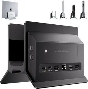 Vertical MacBook Docking Station, PULWTOP Docking Station for Mac mini with M.2 NVMe case for MacBook Pro/Air, 4K@60Hz HDMI, 2USB C 10Gbps, SD/TF, 100W PD, RJ45, 2 USB A for Windows Black