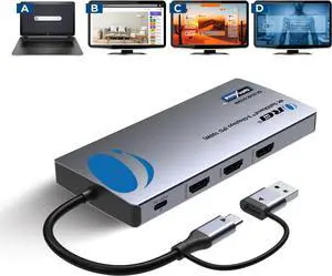 OREI SplitExtend Laptop Docking Station 3 Monitors - 2X USB 3.0, 1x Type-C, SD Card Reader - USB C Docking Station to HDMI 2.0 Extended Screen, 4K@30Hz Outputs - 100W PD