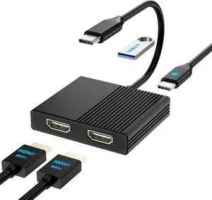 HDMI Splitter for Dual Monitors, 4K@60Hz USB C to Dual HDMI Adapter for Dell/HP/Mac Laptops with PD, USB3.0, Double HDTV Adapter for 2 Monitors, HDTV Splitter Extended Display, USB-C Hub Multiport