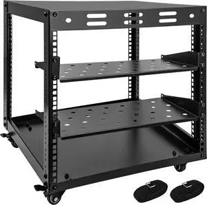 10U Open Frame Server Rack, Wall-Mountable 4-Tier Network Rack w/Swivel Casters, Two Shelves, Top & Bottom Panels, for Stereo/Computer/Data/IT Equipment, 19.6' L x 18.7' W x 22' H