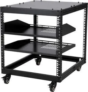 10U Open Network Rack, Carbon Steel Server Rack with 2 Trays & Casters, Height Adjustable 22-40in - Ideal for AV Equipment, Servers & Network Devices