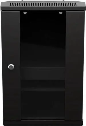 NavePoint 9U 10 Inch Network Server Cabinet, 15.75 inch Deep, Glass Door, Black, Wall Mountable, 2 x Shelves, 1 x Blank Panel NavePoint 9U 10 Inch Network Server Cabinet, 15.75 inch Deep, Glass Door, Black, Wall Mountable, 2 x Shelves, 1 x Blank Panel