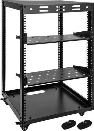15U Open Frame Server Rack, Wall-mountable IT Rack w/Swivel Casters, 2 Rack Shelves, Top & Bottom Panels, Network Rack for Stereo/Computer/Data/IT/AV Equipment, 19.6L x 18.7W x 30.5H