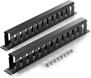 VCELINK 1U Server Rack Cable Management 12-Slot, 19" Carbon Steel Horizontal Network Cable Management for Network Cabinet, All Metal Black 2-Pack