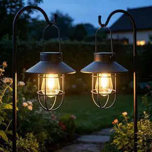 Solar Lantern 2pack Outdoor Hanging Light- Waterproof Vintage Metal Light with Shepherd Hook Decorative for Patio, Backyard, Porch, Yard (Black) Solar Lantern 2pack Outdoor Hanging Light- Waterproof Vintage Metal Light with Shepherd Hook Decorative for Patio, Backyard, Porch, Yard (Black)