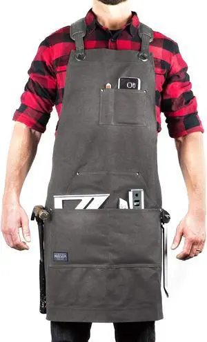 Hudson Durable Goods Deluxe Edition Waxed Canvas Tool Apron for Men and Women, Heavy Duty Work Apron with Pockets for Tools, Adjustable Crossback Straps - Grey Hudson Durable Goods Deluxe Edition Waxed Canvas Tool Apron for Men and Women, Heavy Duty Work Apron with Pockets for Tools, Adjustable Crossback Straps - Grey