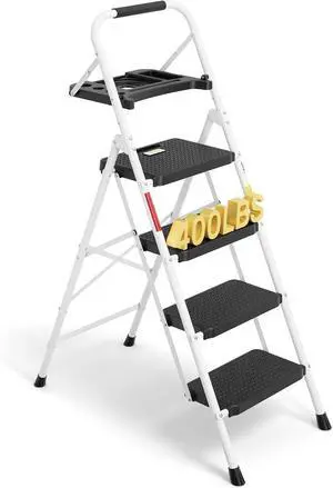 BONTEC 4-Step Ladder, Folding Step Stool, 600lbs Max Load, White BONTEC 4-Step Ladder, Folding Step Stool, 600lbs Max Load, White