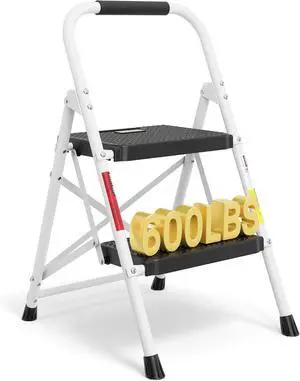 BONTEC 2-Step Ladder, Folding Step Stool, 600lbs Max Load Capacity, White BONTEC 2-Step Ladder, Folding Step Stool, 600lbs Max Load Capacity, White
