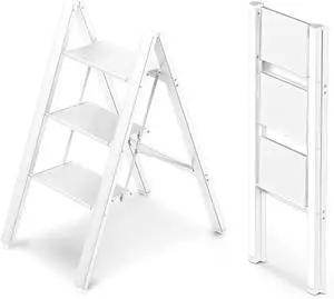 WOA WOA 3 Step Ladder, Foldable Step Stool, 300lbs Load, White WOA WOA 3 Step Ladder, Foldable Step Stool, 300lbs Load, White
