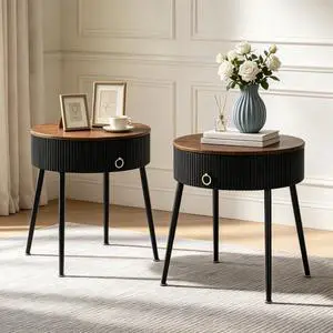 OIOG End Tables Set of 2, Wood Grain Bedside Tables with Drawer, Black OIOG End Tables Set of 2, Wood Grain Bedside Tables with Drawer, Black