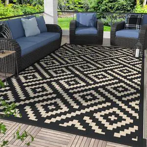 GENIMO Outdoor Rug, Waterproof Plastic Rugs for Patio, 6'x9' Black Beige GENIMO Outdoor Rug, Waterproof Plastic Rugs for Patio, 6'x9' Black Beige
