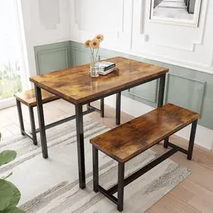 AWQM Dining Table Set with Two Benches, Kitchen Table Set for 4-6 Persons, Kitchen Table of 43.4 x 23.7 x 28.6 Inches, Bench of 38.6 x 11.9 x 17.6 Inches Each, Rustic Brown and Black (0826NewSet01) AWQM Dining Table Set with Two Benches, Kitchen Table Set for 4-6 Persons, Kitchen Table of 43.4 x 23.7 x 28.6 Inches, Bench of 38.6 x 11.9 x 17.6 Inches Each, Rustic Brown and Black (0826NewSet01)