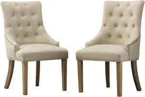Roundhill Furniture Button Tufted Solid Wood Wingback Hostess Chairs with Nail Heads, Set of 2, Tan, White, "Tan, 24D x 22W x 39H in Roundhill Furniture Button Tufted Solid Wood Wingback Hostess Chairs with Nail Heads, Set of 2, Tan, White, "Tan, 24D x 22W x 39H in