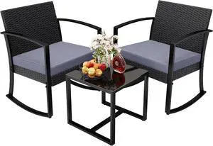 Greesum 3 Pieces Outdoor Furniture Set Patio Bistro Rocking Chairs with Glass Coffee Table for Pool Beach Backyard Balcony Porch Deck Garden, Gray Greesum 3 Pieces Outdoor Furniture Set Patio Bistro Rocking Chairs with Glass Coffee Table for Pool Beach Backyard Balcony Porch Deck Garden, Gray
