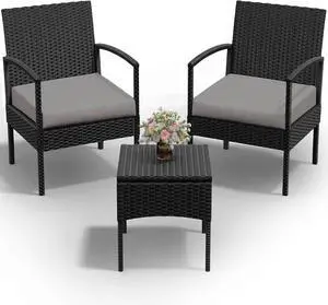 PROHIKER 3 PCS Patio Rattan Conversation Bistro Chairs Set, Outdoor Patio Furniture Wicker Bistro Set with Coffee Table for Garden Porch Balcony Yard Lawn, Gray PROHIKER 3 PCS Patio Rattan Conversation Bistro Chairs Set, Outdoor Patio Furniture Wicker Bistro Set with Coffee Table for Garden Porch Balcony Yard Lawn, Gray