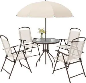 Outsunny 6 Piece Patio Dining Set for 4 with Umbrella, Beige Outsunny 6 Piece Patio Dining Set for 4 with Umbrella, Beige