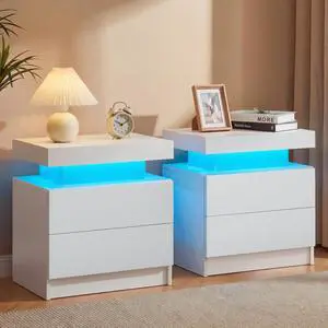 i-aplus White Modern LED Nightstand Set of 2 with 2 Wood Drawer for Bedroom i-aplus White Modern LED Nightstand Set of 2 with 2 Wood Drawer for Bedroom
