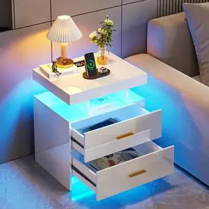 HNEBC LED Nightstand with Wireless Charging Station for Bedroom,White HNEBC LED Nightstand with Wireless Charging Station for Bedroom,White