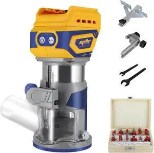 Cordless Router Tool, Mellif 600W Brushless Trim Router Compatible with DeWalt 20V MAX Battery (Tool Only) 28,000RPM 5 Speeds, Fixed Base, 12PCS 1/4" Router Bits, Edge Guide, Roller Guide, Dust Hood