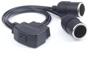 16-Pin Auto Car OBD2 Port to Dual Cigarette Lighters Female Sockets Adapter Cable with Switch for Vechile Car Extension Power Supply 1.8FT/50cm