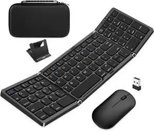 Folding Wireless Keyboard Mouse Combo with Portable Case, Rechargeable 2.4G+Bluetooth Multi-Device Combo for Windows, iOS, Android