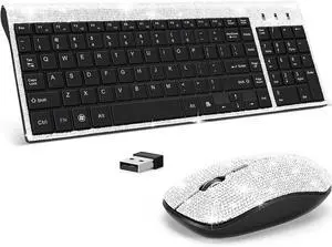 Keyboard and Mouse Wireless, Sparkly Bling Rhinestone Wireless Mouse and Keyboard Gift Set (Silver)