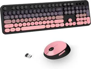 Wireless Keyboard and Mouse Combo, Cute Colorful 104 Keys Typewriter Retro Round Keycaps Keyboard for PC Laptop(Black Pink)