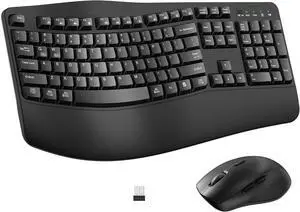 Wireless Keyboard and Mouse Combo,2.4G Full Size Wave Keys Ergonomic Keyboard with Wrist Rest for Natural Typing (Black)