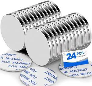 Super Strong Neodymium Disc Magnets with Double-Sided Adhesive, 1.26 inch D x 1/8 inch H - 24 Packs