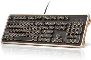 Retro Mechanical Keyboard, Wired Full-Size 104 Keys with Typewriter Round Keycaps, Wooden Grain - Dark Brown
