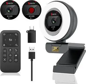 Webcam, 2K Streaming Webcam with Ring Light, HDR Laptop Camera with Remote, Dual Stereo Microphone