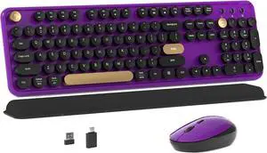 Colorful Wireless Computer Keyboard and Mouse with Round Typewriter Keycaps, Ergonomic Design, 2.4GHz Wireless for Windows, Mac, PC(Black-Purple)