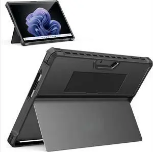 Case Compatible with Microsoft Surface Pro 11, 10, 9 13 Inch, All-in-One Protective Rugged Cover with Hand Strap, Compatible with Type Cover Keyboard, Black