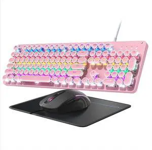 Typewriter Mechanical Gaming Keyboard and Mouse, Rainbow LED Backlit 104-Key Anti-Ghost Wired Mouse and Pad Combo for PC Laptop Mac Gamer