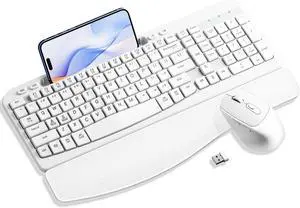 Wireless Keyboard and Mouse Combo, Phone Holder, 2.4GHz Silent 6 Button Wireless Mouse Set for Laptop, PC, Windows, Mac (White)