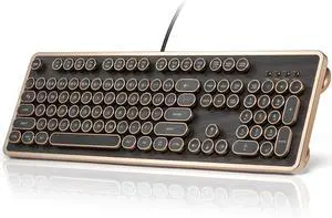 Retro Mechanical Keyboard, Wired Full-Size 104 Keys with Typewriter Round Keycaps, Wooden Grain, N-Key Rollover, Ideal for Retro Lovers