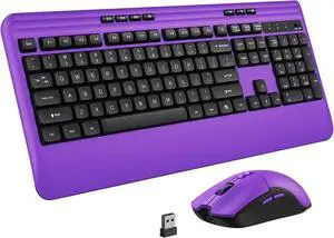 Wireless Keyboard and Mouse Set with Quiet Keys, 2.4G Full Size Purple Keyboard and Mouse with Wrist Rest