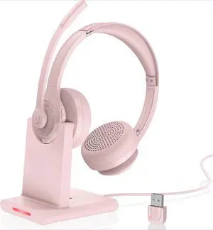AI Noise Cancelling Microphone Bluetooth Headset - Bluetooth V5.2 Headphones with Mic Mute for Computer/Laptop/PC/iPhone/Android/Cell Phones (Pink)