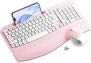 Wireless Keyboard and Mouse Combo, Phone Holder, 2.4GHz Silent 6 Button Wireless Mouse Set for Laptop, PC, Windows, Mac (Pink)