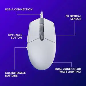 G203 Wired Gaming Mouse, 8,000 DPI, Rainbow Optical Effect LIGHTSYNC RGB, 6 Programmable Buttons, On-Board Memory, Screen Mapping, PC/Mac Computer and Laptop Compatible - White