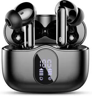 Wireless Earbuds, Bluetooth 5.4 Headphones Bass Stereo, Ear Buds with Noise Cancelling Mic LED Display, IP7 Waterproof in Ear Earphones, 36H Playtime for Laptop Pad Phones Sports Workout, Black