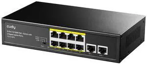 forCudy 8 Port PoE+ Switch with 2 Gigabit Uplink Ports 120W 8 10/100Mbps PoE+@120W Extend/VLAN Mode 802.3af/at Standard Fanless Watchdog Plug and Play FS1010PG
